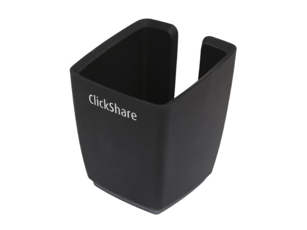 Czarna plastikowa podstawka na przyciski ClickShare z wycięciem z przodu i logo na boku.