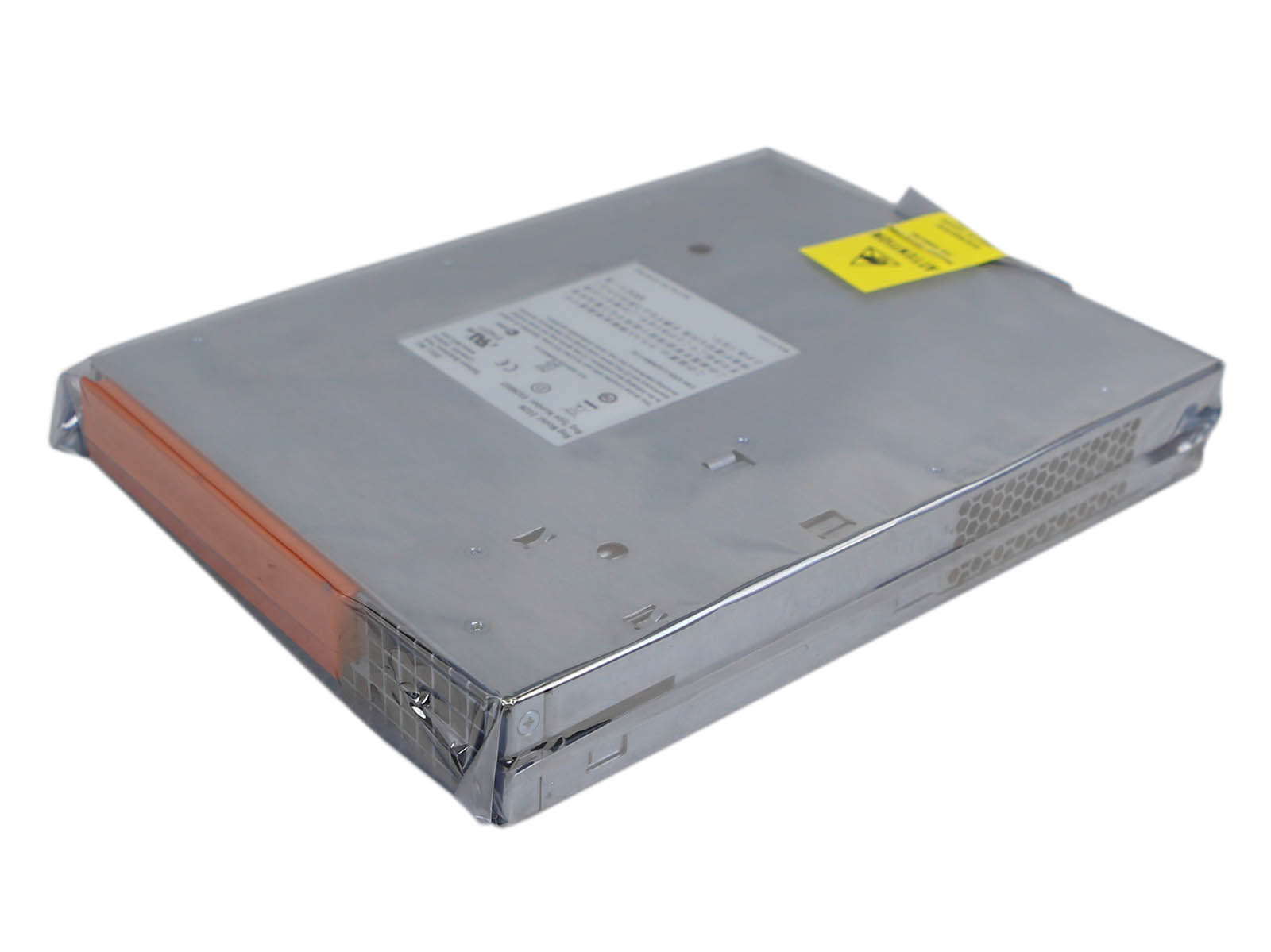 Kontroler storage Dell w metalowej obudowie widziany pod kątem z góry, z pomarańczową osłoną złączy z boku i żółtą naklejką na obudowie.