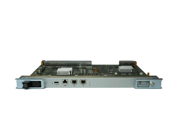 Moduł Brocade CP8 widziany z przodu, z portem światłowodowym, dwoma portami RJ45 i płytką elektroniczną na obudowie.