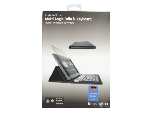 Pudełko Kensington KeyFolio Expert z grafiką tabletu w etui z klawiaturą, zapakowane w folię.