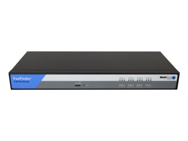 Przedni panel serwera faksów MultiTech FaxFinder FF840 z ośmioma portami analogowymi i przyciskiem zasilania.