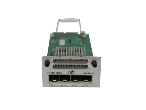 Moduł rozszerzeń Cisco z czterema gniazdami SFP na przednim panelu, widoczna zielona płytka elektroniczna od góry.