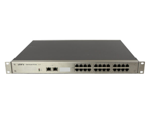 Przedni panel switcha Unify z widocznymi uszami montażowymi i dwoma rzędami portów RJ45.