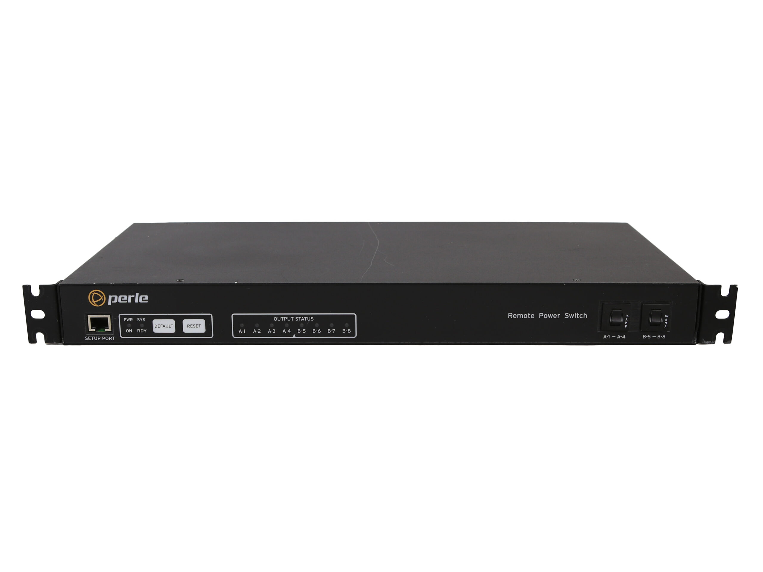 Przedni panel PDU Perle RPS820 z portem RJ45, wyświetlaczem LED i rzędem gniazd zasilających, uszy montażowe do szafy rack.