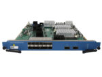 Karta modułu Palo Alto z widocznym rzędem 12 portów SFP+ i dwoma portami QSFP+, płytka elektroniczna odsłonięta od góry