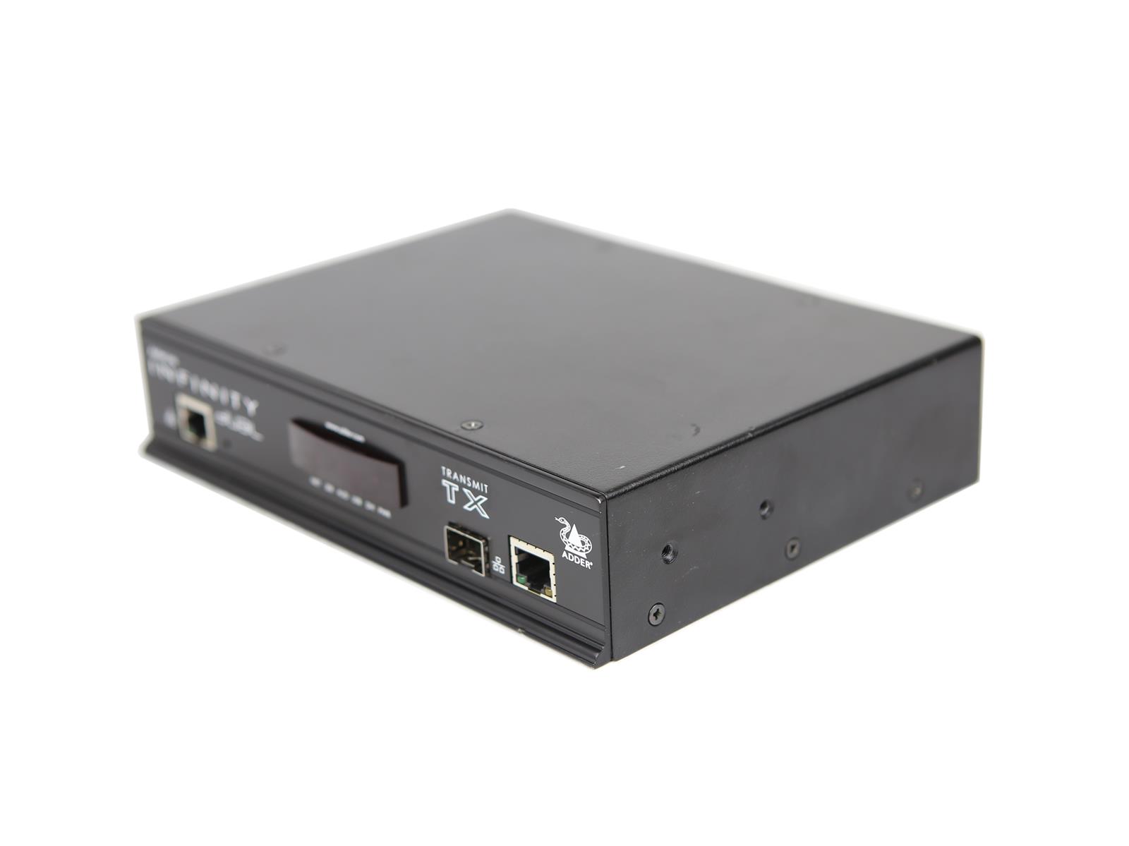 Czarna metalowa obudowa nadajnika Adder AdderLink Infinity od przodu, z portem RJ45 i widocznymi diodami sygnalizacyjnymi.