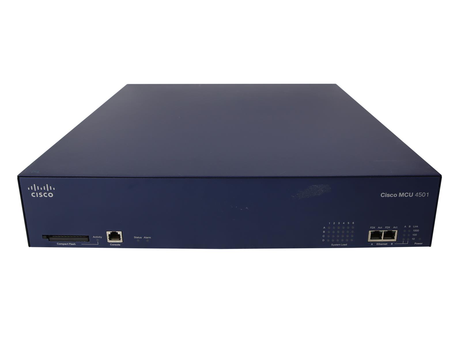 Przedni panel serwera Cisco MCU w granatowej obudowie z portem RJ45, diodami i sloterm napędu z przodu.