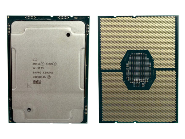 Procesor Intel Xeon W-3223 pokazany z dwóch stron: naklejka z opisem po lewej, złote styki i wyspa kontaktowa po prawej.