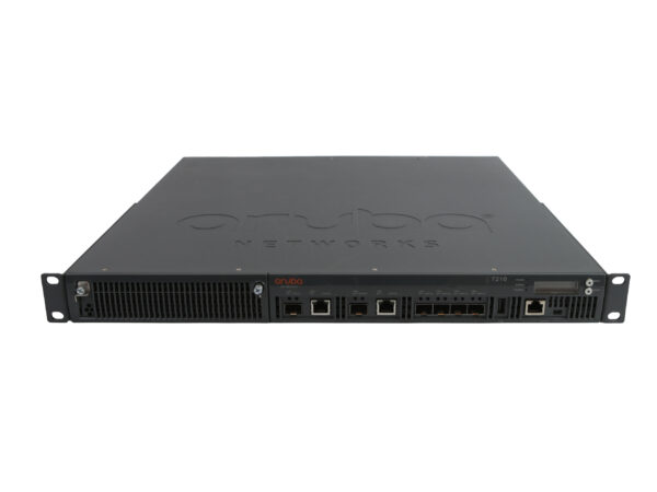 Przedni panel kontrolera Aruba 7210 w obudowie rack 1U z widocznymi portami SFP+ i wlotami wentylacyjnymi.