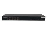 Przedni panel przełącznika KVM Aten Altusen z 16 ponumerowanymi portami i diodami LED, obudowa w kolorze czarnym.