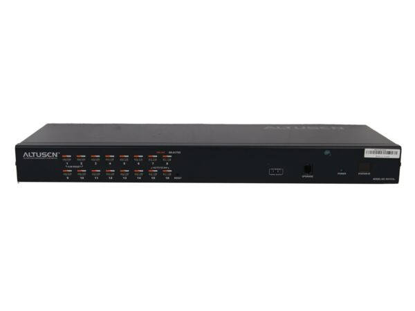 Przedni panel przełącznika KVM Aten Altusen z 16 ponumerowanymi portami i diodami LED, obudowa w kolorze czarnym.