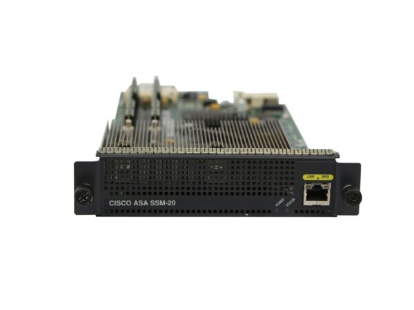 Moduł Cisco SSM-20 z odsłoniętą płytą elektroniczną, widocznym portem RJ-45 i przyciskiem resetu na przednim panelu