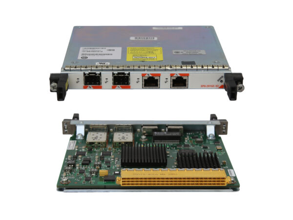 Moduł Cisco SPA-2X1GE-V2 od przodu z portami RJ45 oraz od spodu z widoczną płytą i złączem krawędziowym.