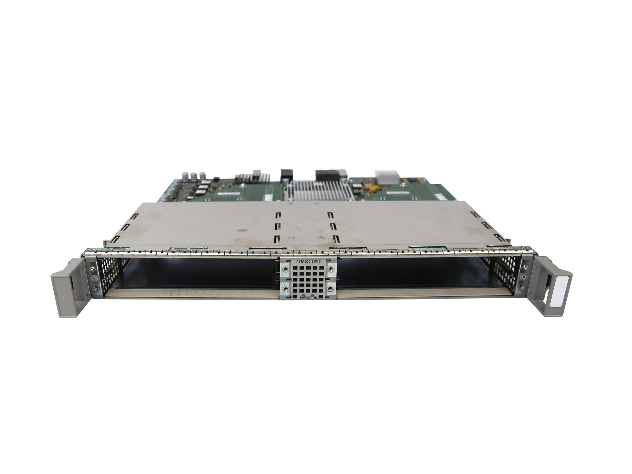 Moduł Cisco ASR1000-SIP10 od przodu z widoczną odsłoniętą płytą elektroniczną i dwiema dźwigniami montażowymi po bokach.