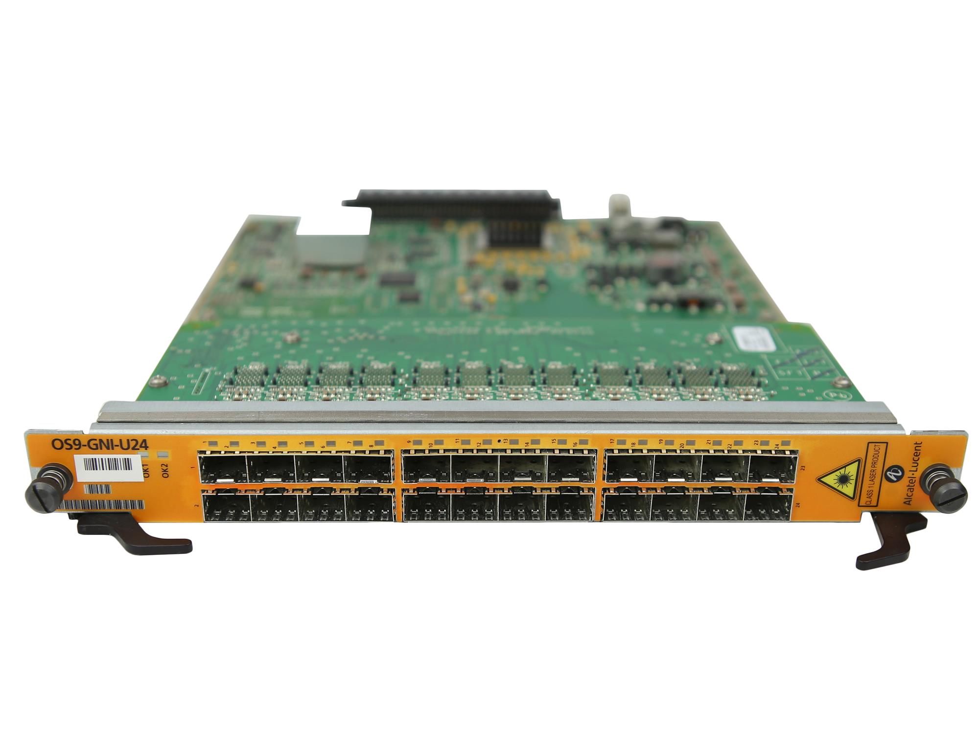 Karta liniowa Alcatel-Lucent z 24 portami SFP w rzędzie i żółtym uchwytem montażowym z boku