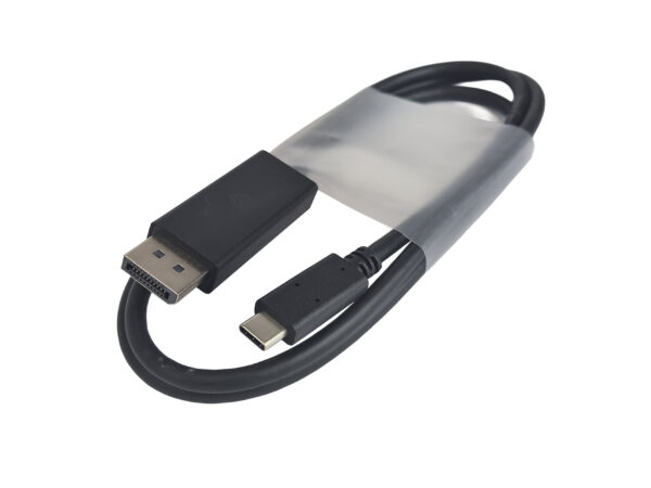 Zwinięty czarny kabel ze złączem DisplayPort z jednej strony i USB-C z drugiej, spięty foliową opaską.
