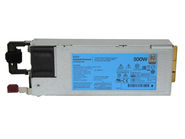 Zasilacz serwerowy HP 500W z niebieską naklejką znamionową, widoczny wtyk i uchwyt do wysuwania na krótszym boku.