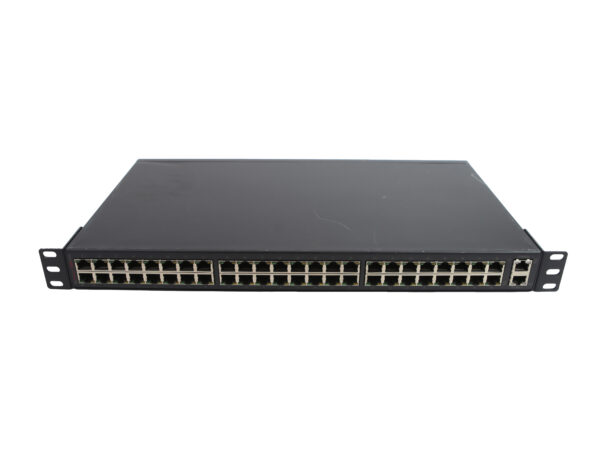 Przód serwera konsolowego Avocent w czarnej obudowie rack z dwoma rzędami portów RJ-45.