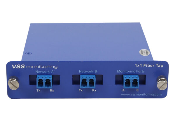 Przedni panel modułu VSS Monitoring 1x1 Fiber Tap z trzema parami złączy LC opisanymi Network A, Network B i Monitoring Ports.