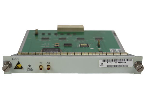 Karta interfejsu Alcatel-Lucent E3B1 z widoczną płytą elektroniczną, dwoma portami optycznymi TX/RX i śrubami mocującymi po bokach.