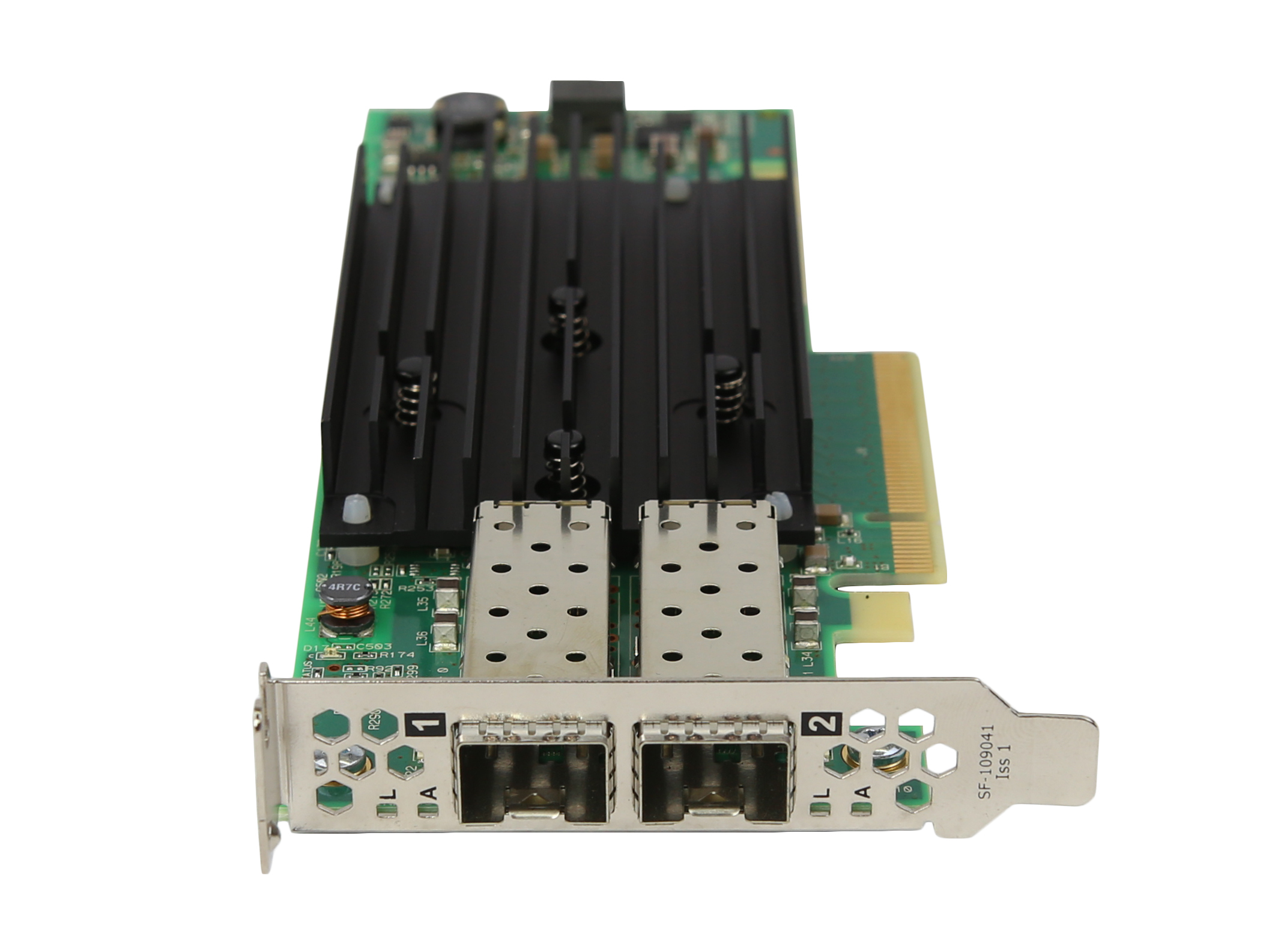 Karta sieciowa PCIe z dwoma portami SFP+ i niskoprofilowym wspornikiem, widoczne radiatory chłodzące na płycie.