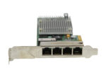 Karta sieciowa PCIe z czterema portami RJ45 i metalowym radiatorem, uchwyt profilowy w pełnym rozmiarze.