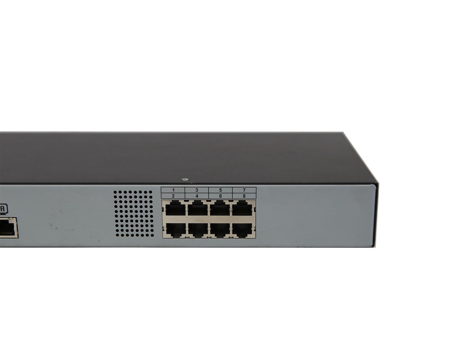 Zbliżenie na przedni panel przełącznika KVM HP z ośmioma portami RJ-45 w dwóch rzędach i diodą stanu.