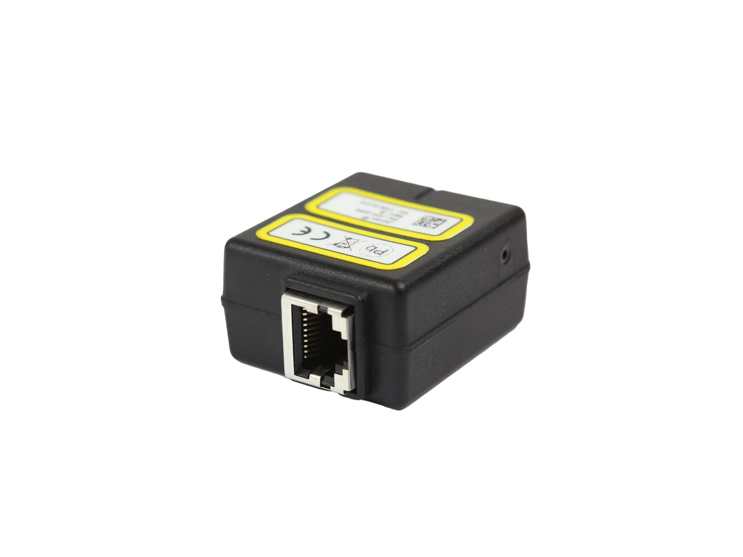 Czarna obudowa modułu z portem RJ45 z boku i żółtą naklejką z diodami sygnalizacyjnymi na górze.