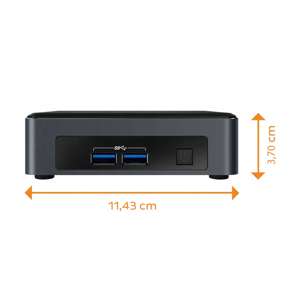 Przód mini komputera Intel NUC z dwoma portami USB, przyciskiem zasilania i wymiarami obudowy 11,43 x 3,70 cm