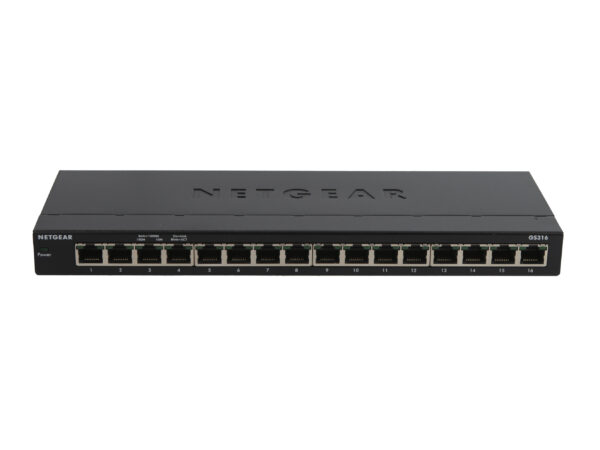 Przedni panel switcha Netgear GS316 z widocznymi szesnastoma portami RJ45 i diodami stanu w czarnej obudowie.