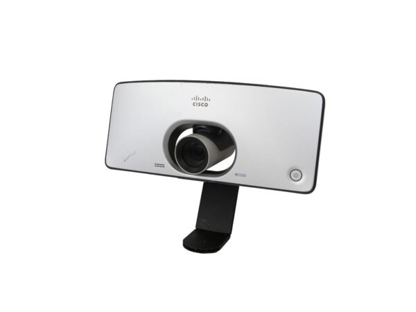 Kamera wideokonferencyjna Cisco TelePresence SX10 na stojaku, widok z przodu z obiektywem pośrodku i przyciskami sterowania po bokach.
