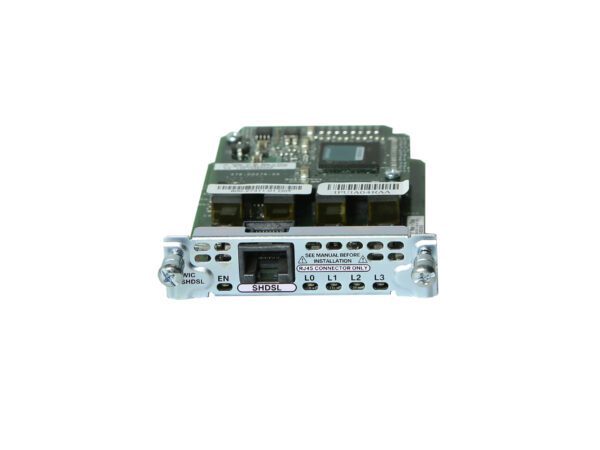 Moduł Cisco HWIC ustawiony pionowo, widoczna metalowa obudowa, port RJ-45 i opisowa naklejka na przednim panelu.