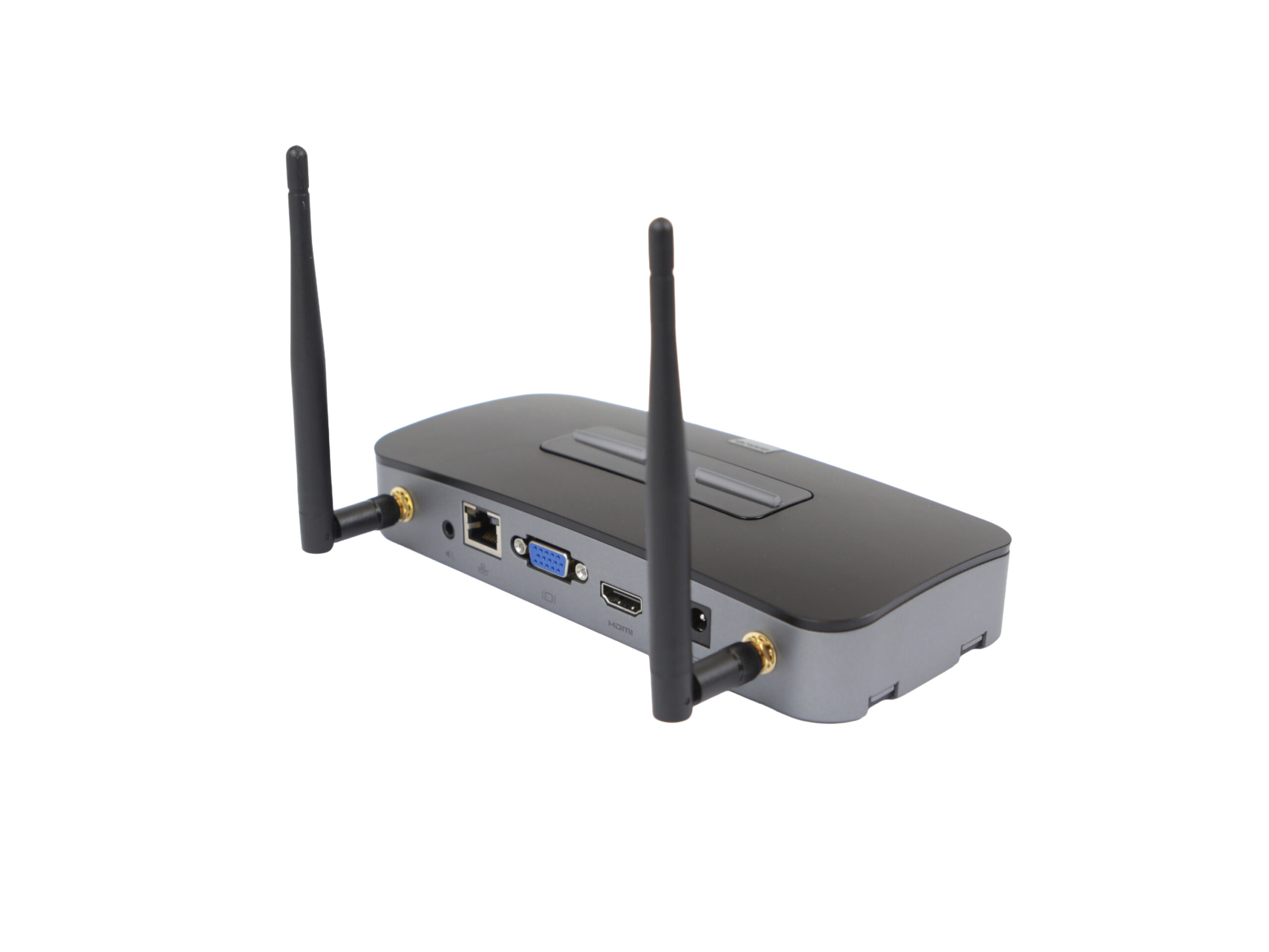 Baza ClickShare pod skosem z dwiema antenami Wi-Fi u góry i widocznymi złączami VGA oraz zasilania z boku obudowy.