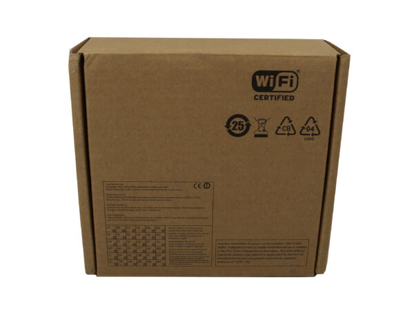 Zamknięte kartonowe pudełko access pointa Aruba z naklejką certyfikacji WiFi i symbolami recyklingu na boku.