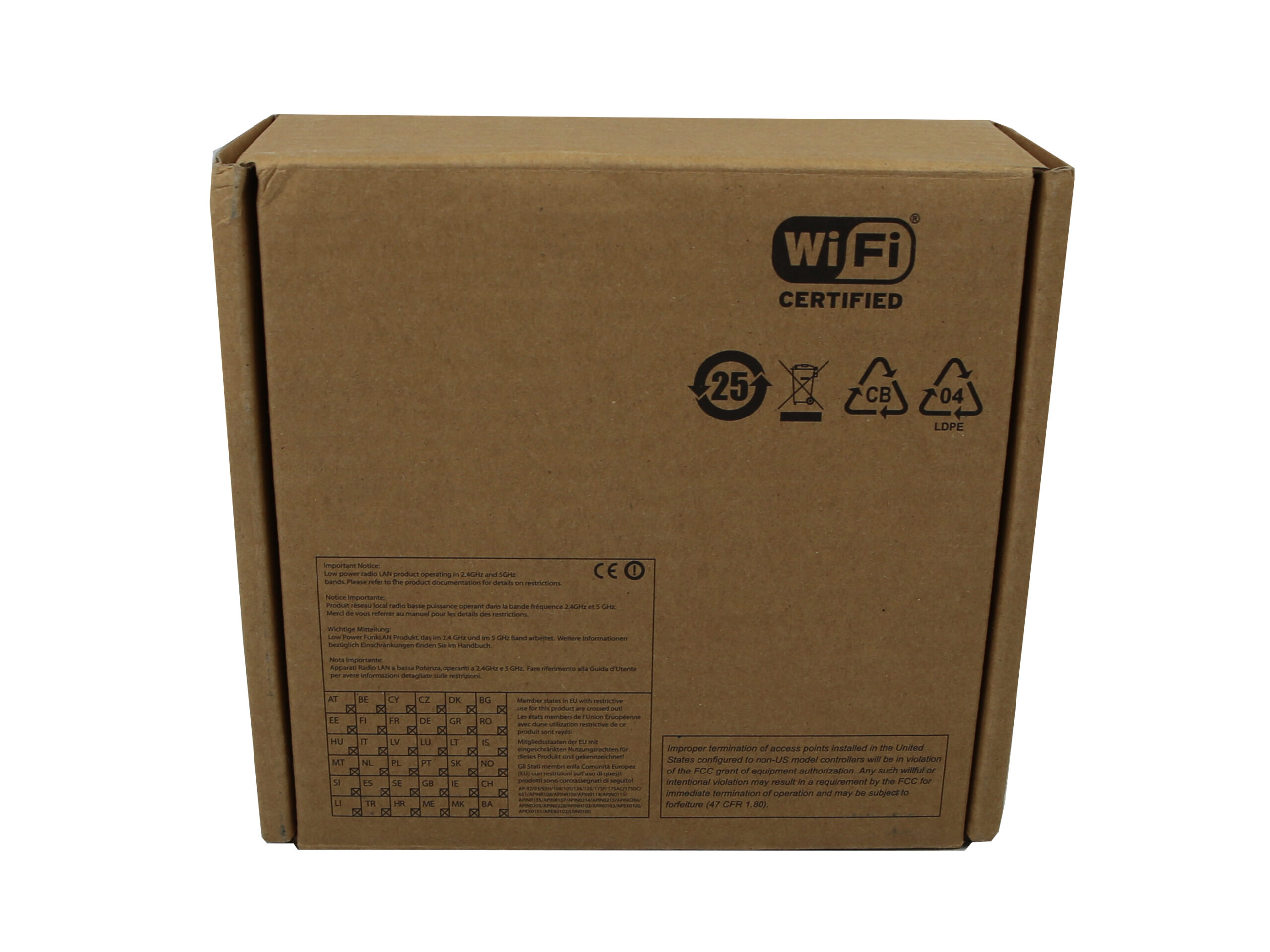 Zamknięte kartonowe pudełko access pointa Aruba z naklejką certyfikacji WiFi i symbolami recyklingu na boku.