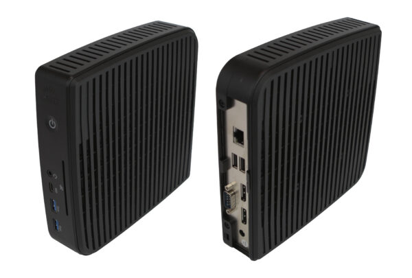 Dwa ujęcia terminala IGEL M350C z żeberkowaną obudową - z boku porty USB i przycisk zasilania, z tyłu złącza LAN i VGA.
