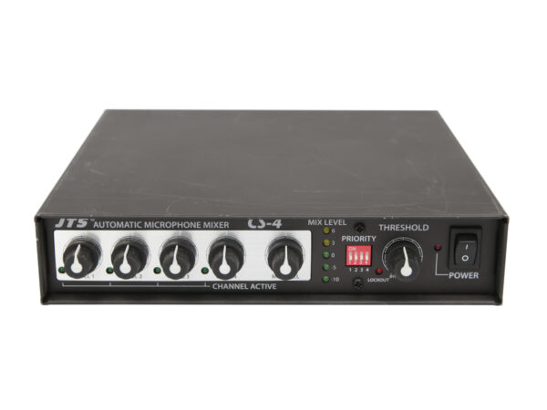 Przedni panel miksera JTS CS-4 z pięcioma pokrętłami, przełącznikami DIP i włącznikiem zasilania, obudowa w dobrym stanie.