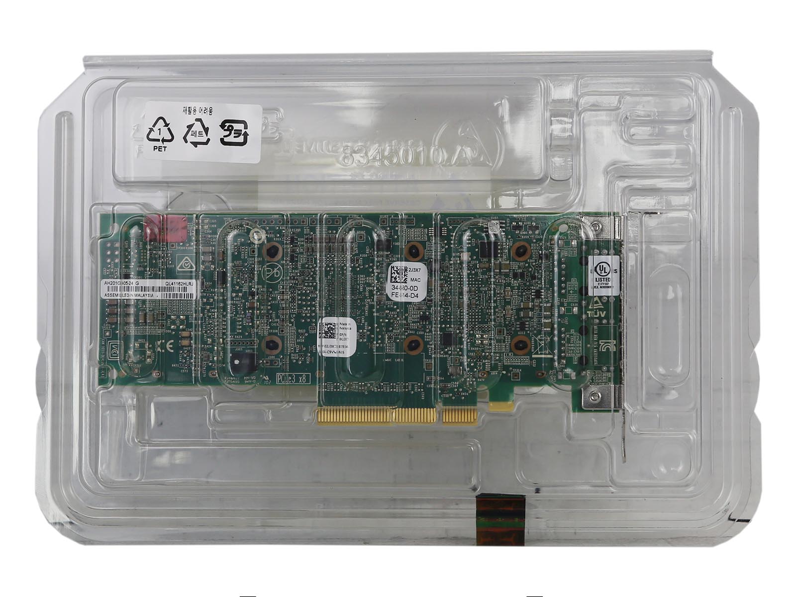 Karta sieciowa Dell QLogic w przezroczystym opakowaniu ochronnym, widoczne dwa porty SFP+ i układy na płycie.