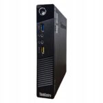 Przedni panel mini PC Lenovo ThinkCentre widoczny pod kątem, z portem USB, wejściami audio i przyciskiem zasilania.