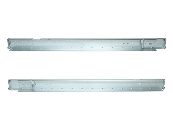 Para metalowych szyn montażowych HP do szafy rack, ułożonych równolegle, widoczne otwory montażowe i mechanizmy przesuwne.