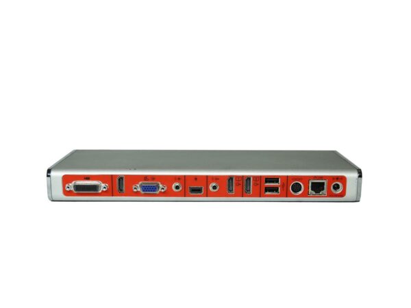 Tylny panel urządzenia Polycom z rzędem różnokolorowych złączy: VGA, audio, HDMI, USB i RJ45.