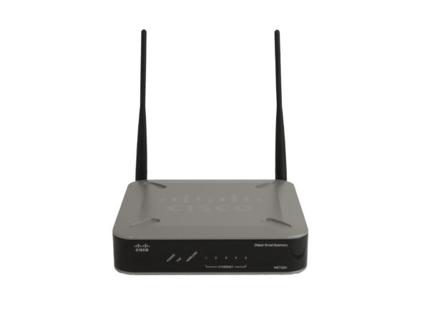 Most bezprzewodowy Cisco WET200 z dwiema antenami na górze i rzędem diod oraz portów RJ45 z przodu obudowy.