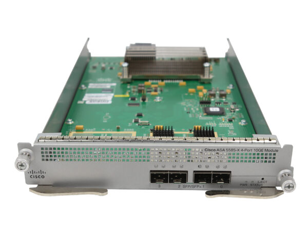 Moduł Cisco z widoczną odkrytą płytką elektroniczną od góry i czterema portami SFP+ na przednim panelu.