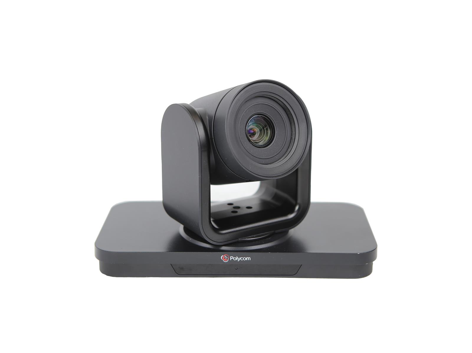 Kamera Polycom EagleEye IV na obrotowej podstawie, widok z przodu z widocznym obiektywem, kolor czarny.
