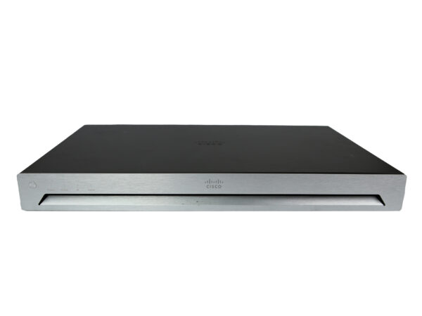 Kodek Cisco TelePresence SX80 widziany z przodu, płaska metalowa obudowa z czarnym panelem i logo Cisco.