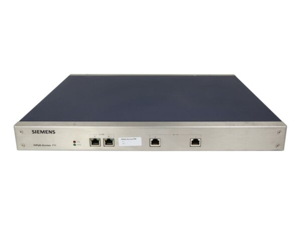 Przedni panel urządzenia Siemens HiPath Access z czterema portami RJ45 i naklejką opisową, obudowa widziana pod kątem z góry.