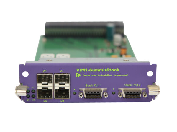 Fioletowy moduł VIM1-SummitStack z czterema slotami SFP i dwoma portami Stack Port, widoczna płytka elektroniczna od tyłu.