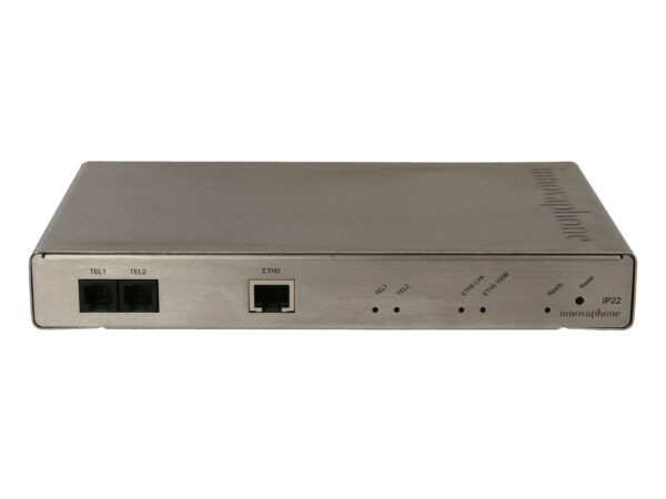 Przedni panel bramki VoIP Innovaphone IP22 z portami telefonicznymi, portem LAN i rzędem diod stanu.