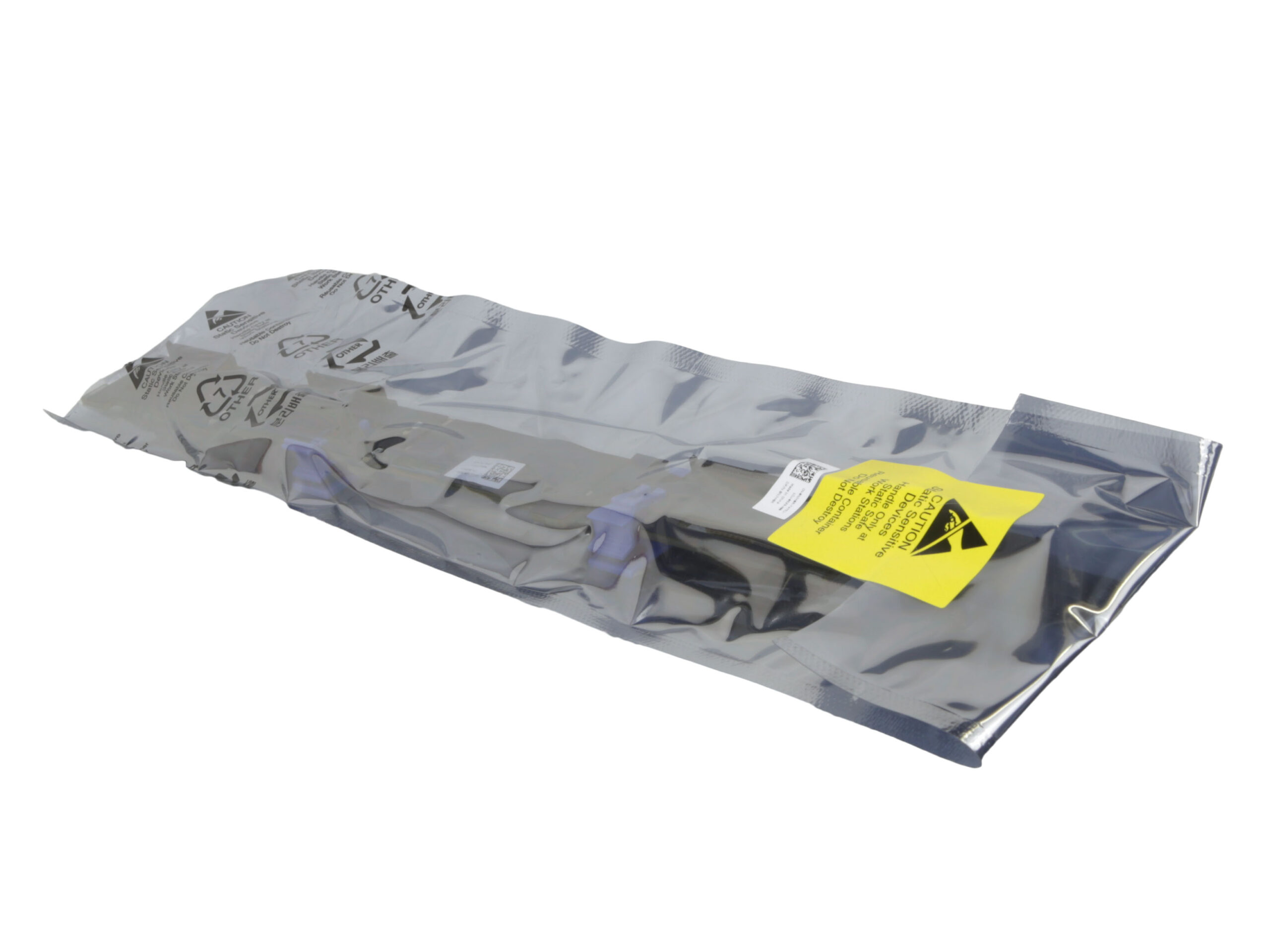 Backplane w szarej torebce antystatycznej z żółtą naklejką ostrzegawczą ESD, produkt zapakowany w folię.