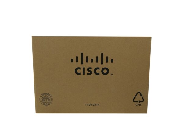 Zamknięte kartonowe pudełko z logo Cisco na wierzchu i symbolami recyklingu w rogach.